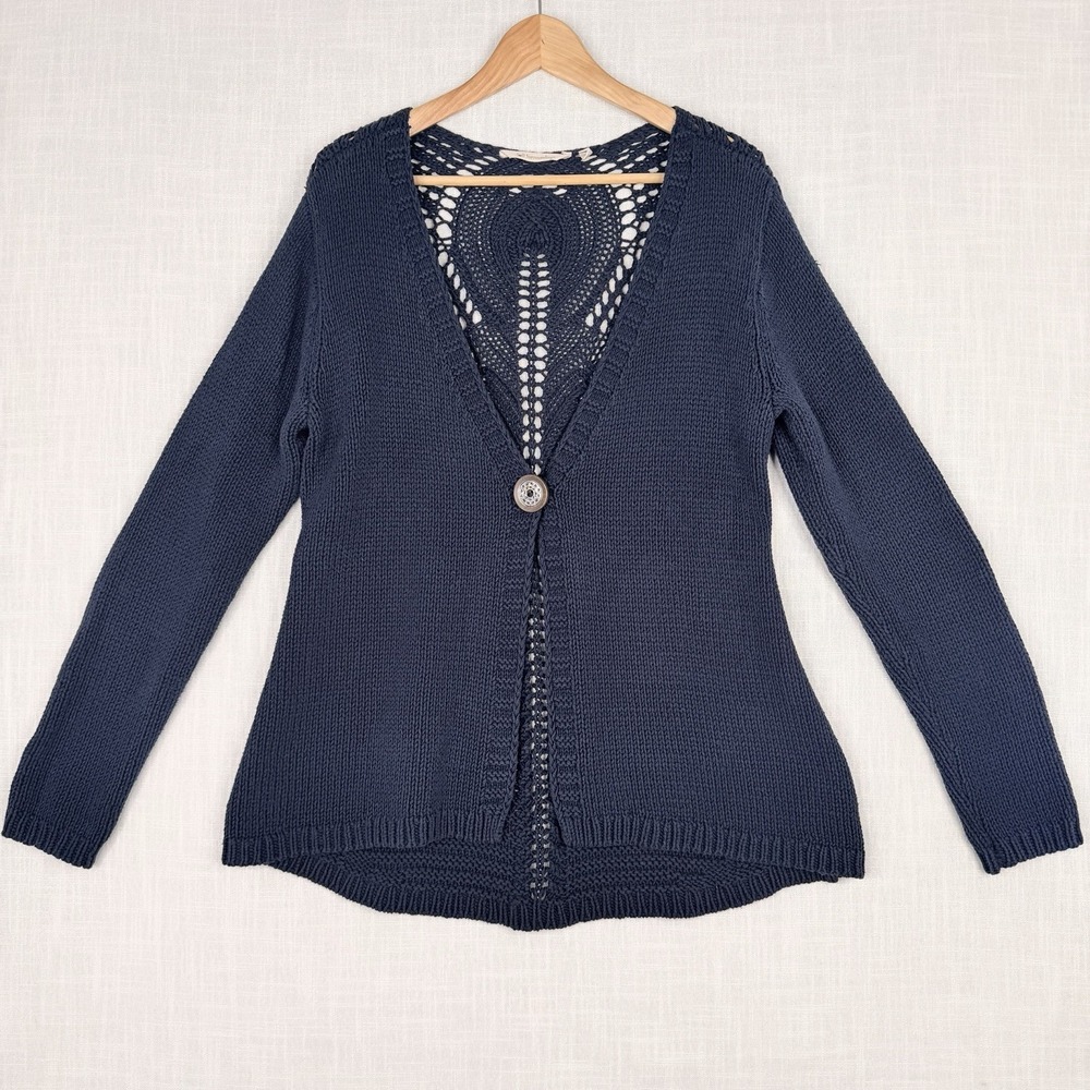 Soft Surroundings Cardigan Sweater Navy Blue Chunky Knit Crochet Back Sz Medium